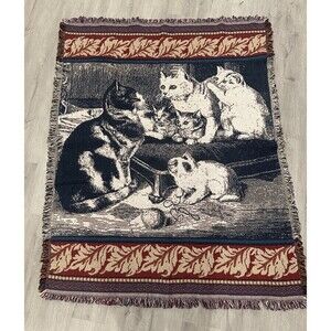 Vintage Tapestry Throw Blanket Cat Kittens  Cottagecore Rustic Farmhouse Country